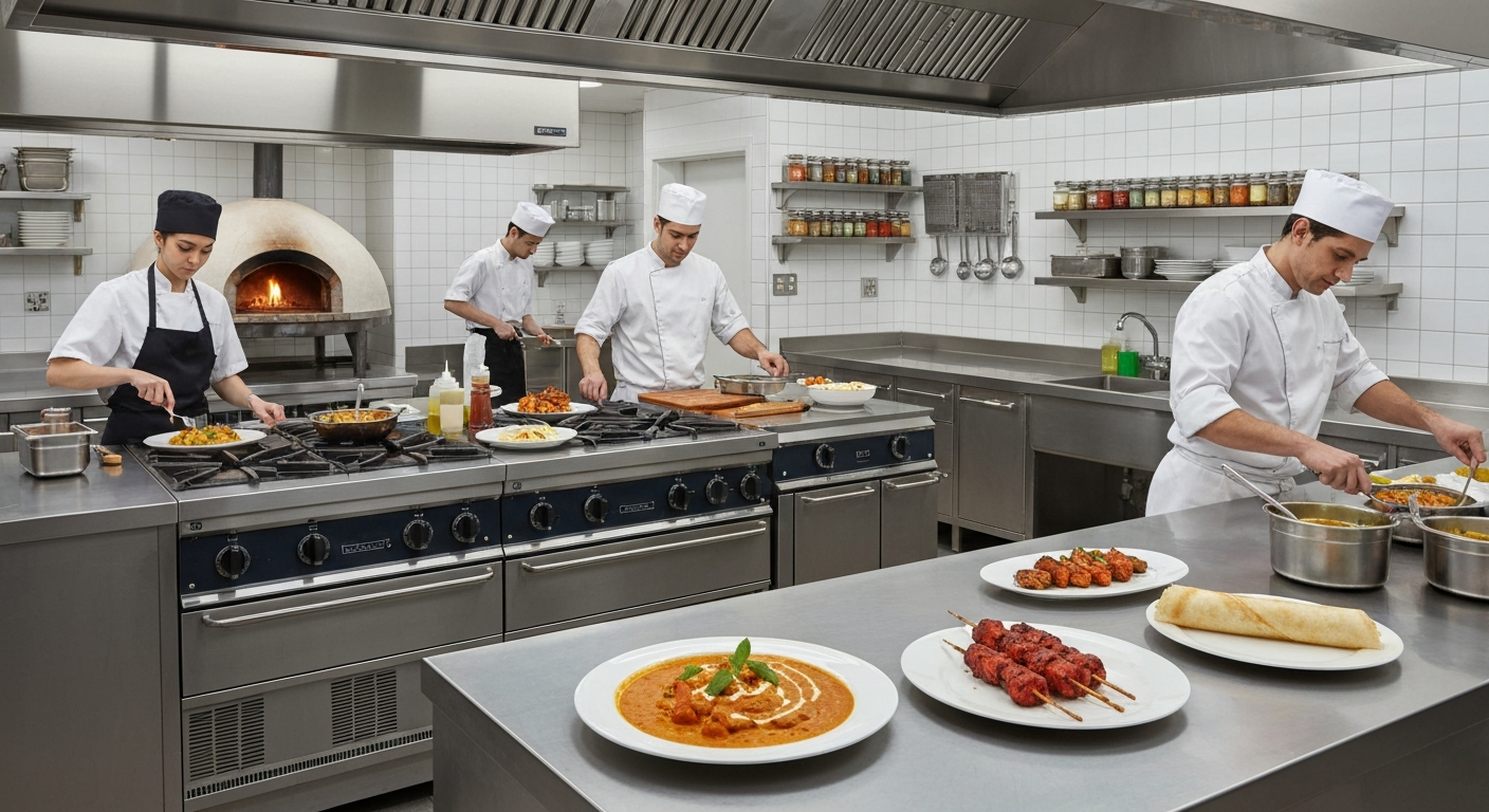A highly organized and pristine professional ghost kitchen interior with multiple cooking stations, stainless steel equipment, and various Indian dishes being prepared and plated for delivery.