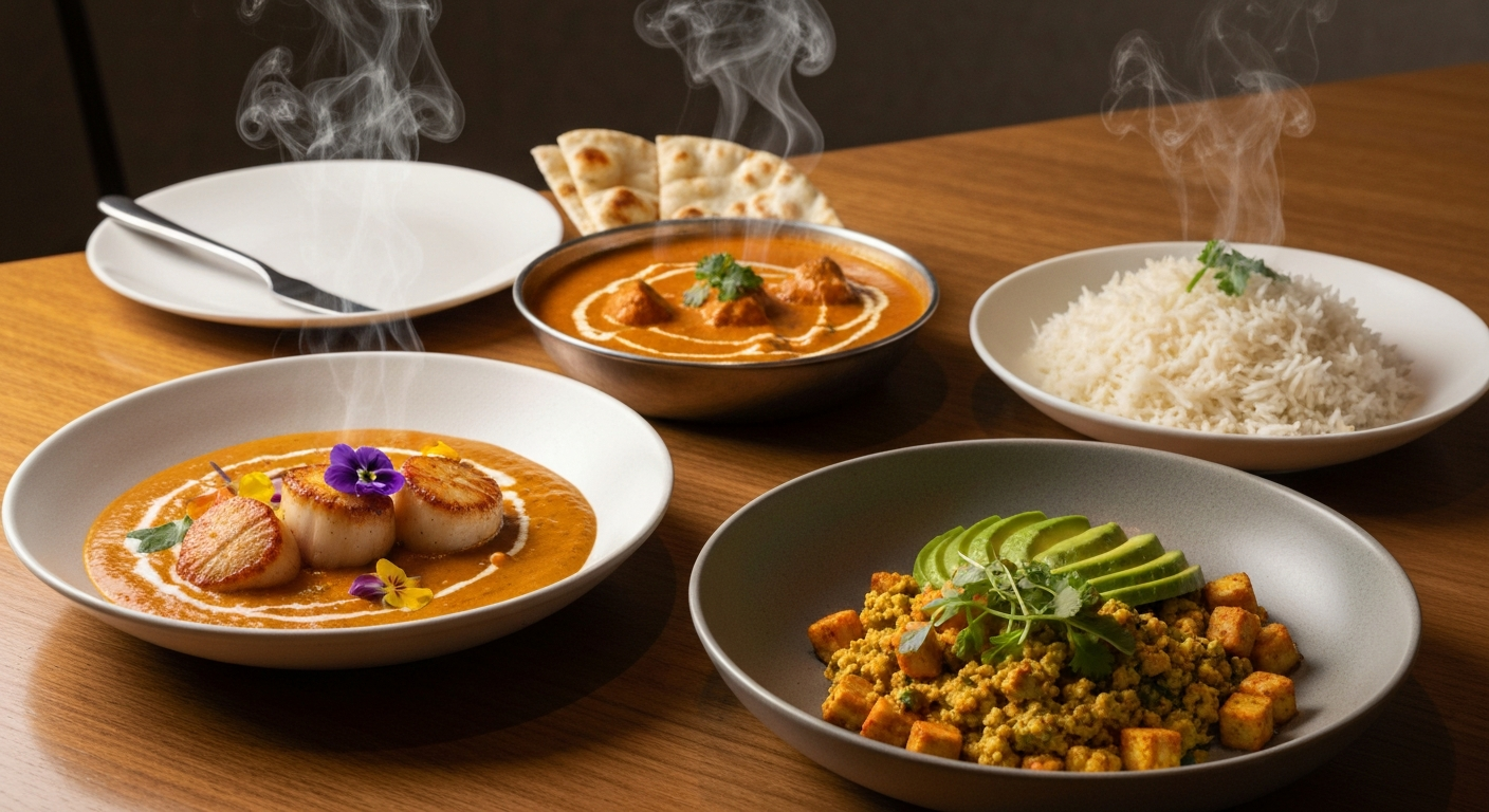 A beautifully plated, modern Indian fine dining dish featuring pan-seared scallops with a delicate coconut-korma reduction and microgreens, alongside a classic Butter Chicken in a rustic bowl with naan bread, and an Indian-inspired breakfast bowl with spiced scrambled eggs, all arranged on a elegant wooden table in a hotel setting.