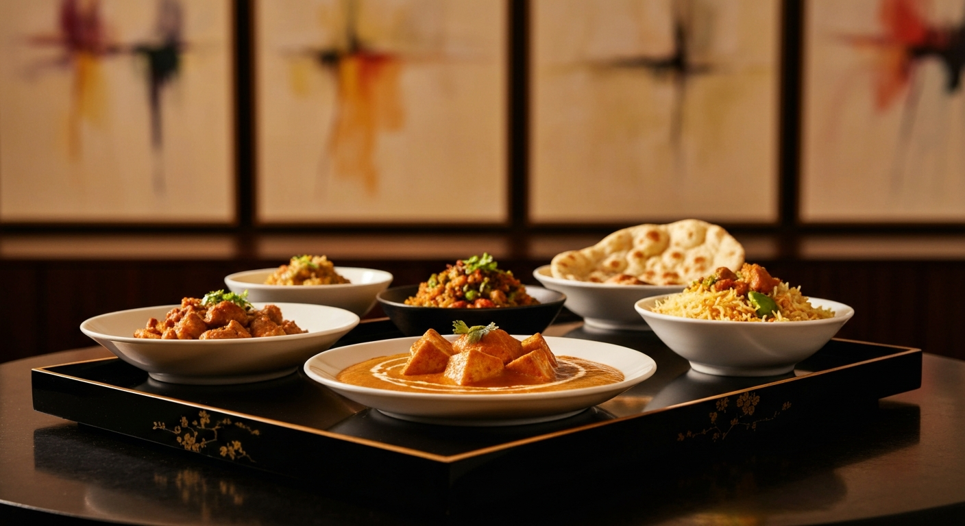 A professional tray of authentic Indian dishes including rich curries, fragrant basmati rice, and warm naan bread, suitable for premium airline or cruise dining.