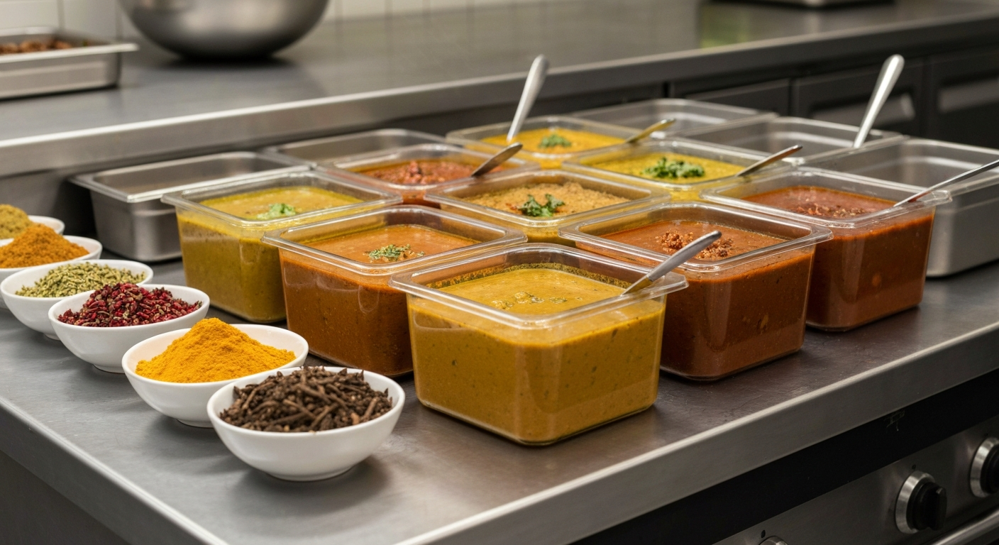 A vibrant and artfully arranged display of various Indian gravies and spices in professional kitchen containers, ready for culinary use, with an emphasis on rich textures and colors.