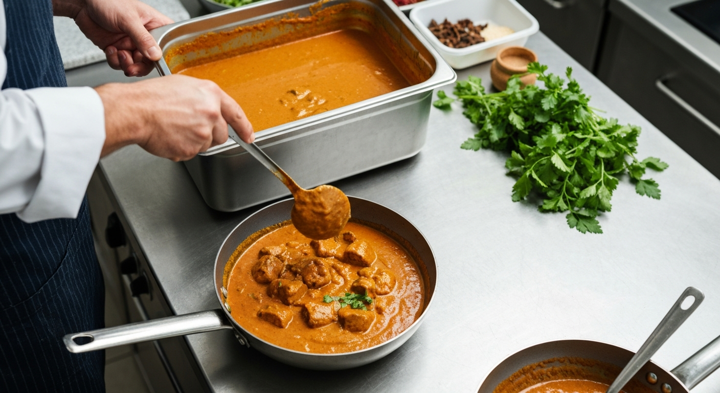 Professional chef in a clean commercial kitchen preparing an Indian curry dish using a large container of pre-made gravy, with fresh ingredients for garnish visible.