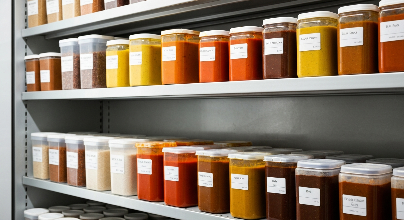 Well-organized commercial cold storage unit with bulk containers of vibrant, authentic Indian gravies and spices, clearly labeled for a ghost kitchen.
