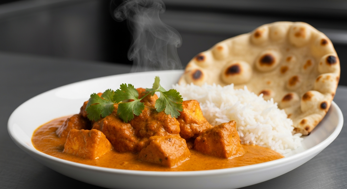 A vibrant and aromatic Indian Butter Chicken dish served in a modern bowl, garnished with fresh cilantro, alongside fluffy basmati rice and warm naan bread, ready for delivery.
