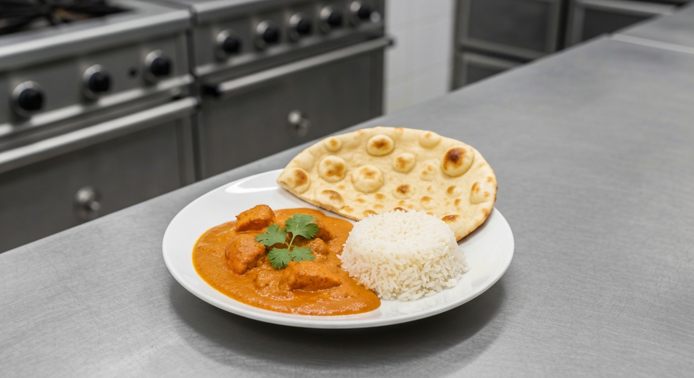 A vibrant, professionally plated Indian Butter Chicken dish with basmati rice and naan bread, ready for delivery packaging in a sleek ghost kitchen setting, emphasizing speed and quality.