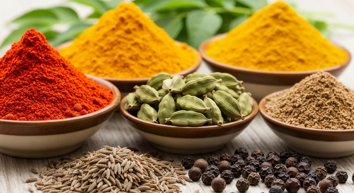 Assortment of vibrant, high-quality whole Indian spices and ground spice powders in small bowls, arranged artistically on a rustic wooden table, with fresh herbs in the background. Focus on rich colors and textures.