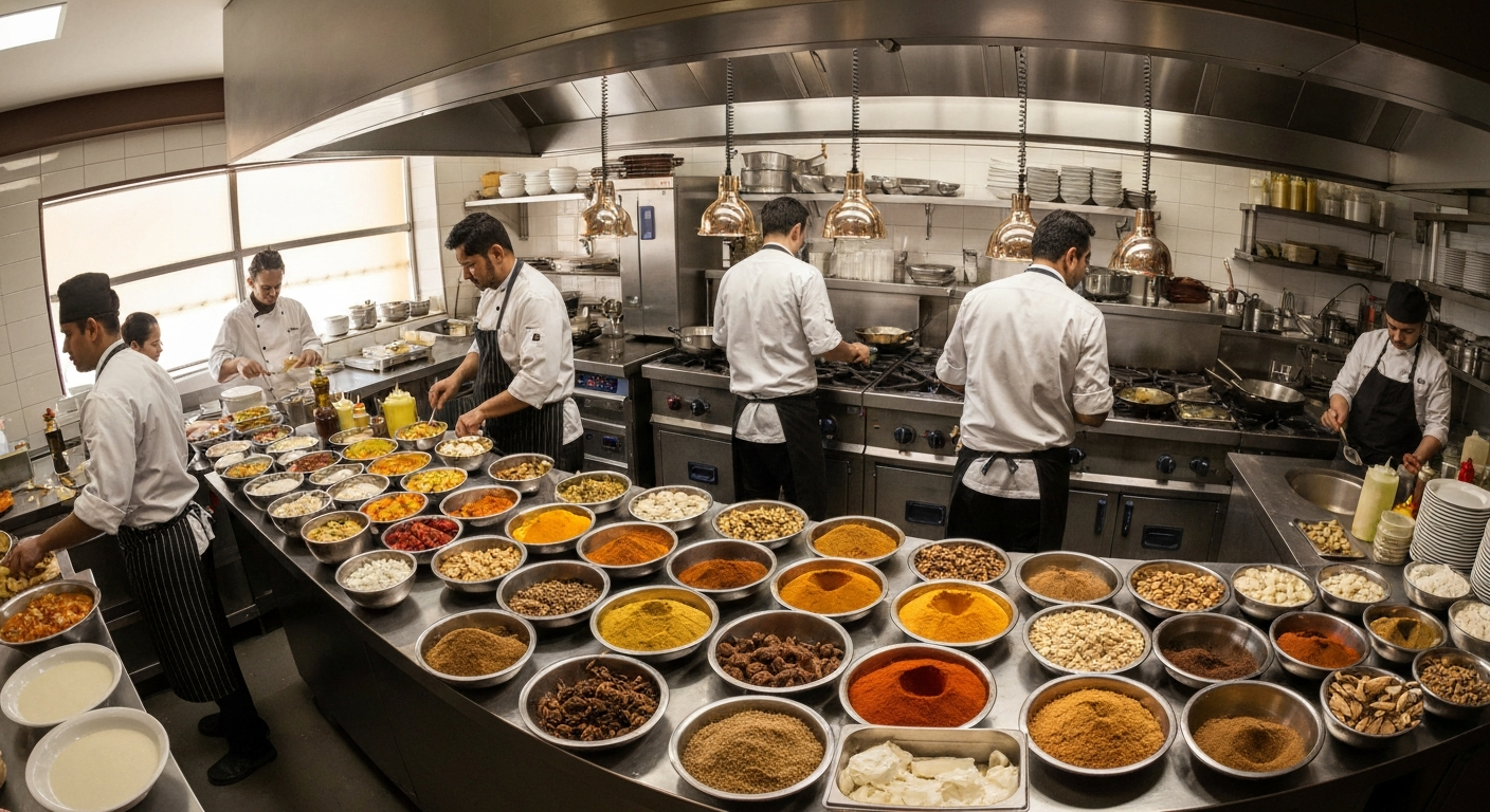 A busy commercial Indian kitchen with chefs efficiently preparing and plating multiple dishes during peak service, showcasing organized stations and vibrant ingredients.