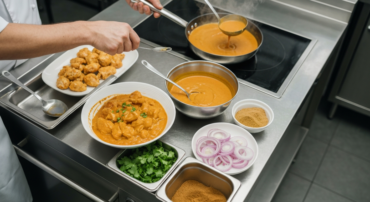 A professional ghost kitchen chef quickly assembling a vibrant Indian curry dish using pre-prepared gravy, with an array of fresh ingredients and spices on a stainless steel counter.