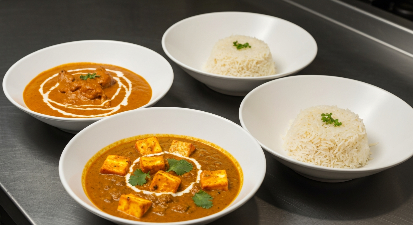 A vibrant, overhead shot of three distinct Indian curries (e.g., Butter Chicken, Paneer Makhani, and Dal Makhani) artfully arranged in modern, professional serving bowls, each accompanied by a small portion of basmati rice. The dishes demonstrate how a single base gravy can be cross-utilized to create varied menu items. The background is a clean, minimalist kitchen counter.
