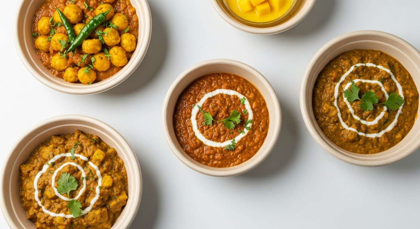 Appetizing top-down view of a variety of Indian dishes in delivery containers, neatly arranged with vibrant colors and garnishes, ready for dispatch from a professional kitchen counter.