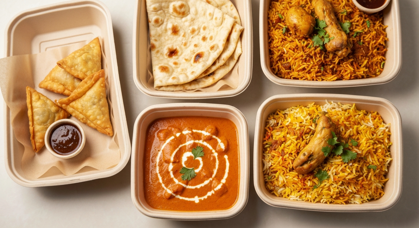 Appetizing top-down view of various Indian dishes packaged in eco-friendly delivery containers, including creamy butter chicken, fragrant biryani, soft naan bread, and samosas, ready for late-night delivery.