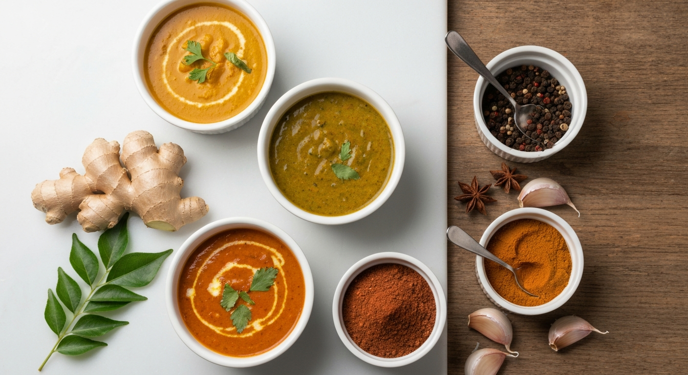 A vibrant assortment of authentic Indian gravies, pastes, and whole spices arranged professionally on a rustic wooden table, ready for a chef's kitchen.
