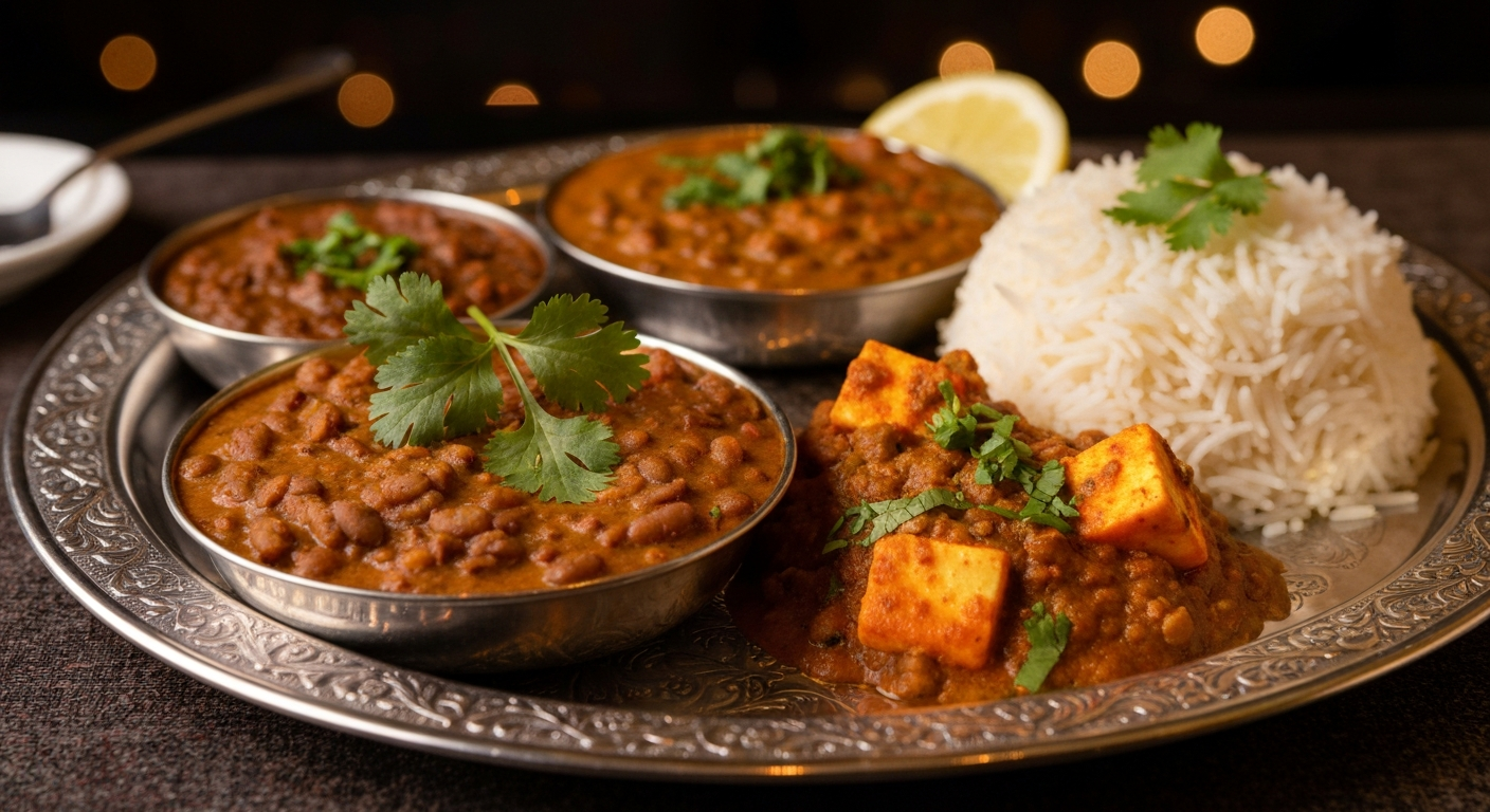 A professional plating of an Indian thali with a rich butter chicken, creamy dal makhani, fluffy basmati rice, and warm naan bread in a restaurant setting.