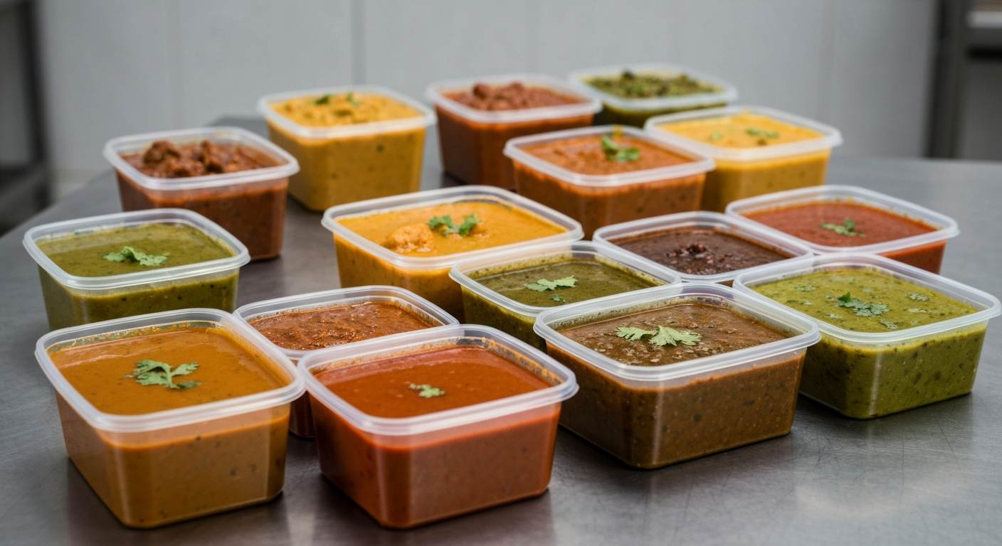 Assortment of vibrant Indian gravies and sauces in professional, clear food-grade packaging, showcasing rich colors and textures, ready for distribution to foodservice clients.