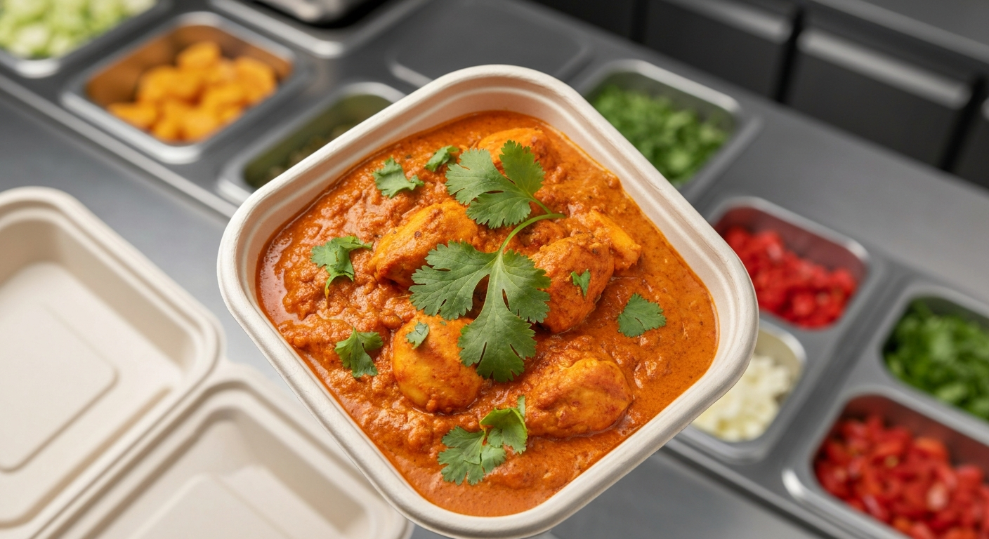 A close-up, appetizing shot of a perfectly assembled Chicken Tikka Masala dish, garnished with fresh cilantro, ready for quick packaging in a modern, delivery-friendly container, with blurred background elements suggesting a busy, efficient ghost kitchen environment.