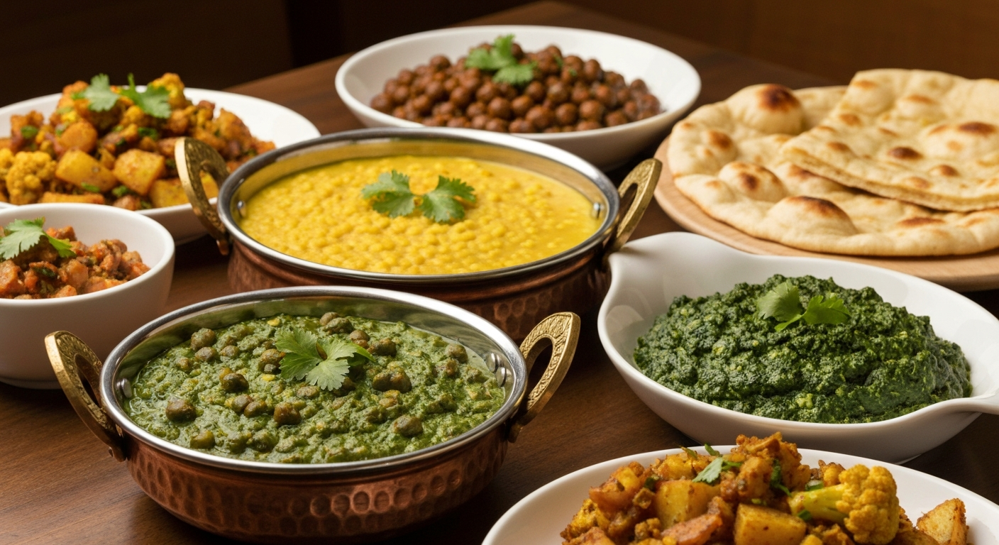 A vibrant spread of authentic vegan Indian dishes, including a rich lentil dal, a chickpea curry, a potato and cauliflower stir-fry, and fluffy vegan naan bread, professionally plated.