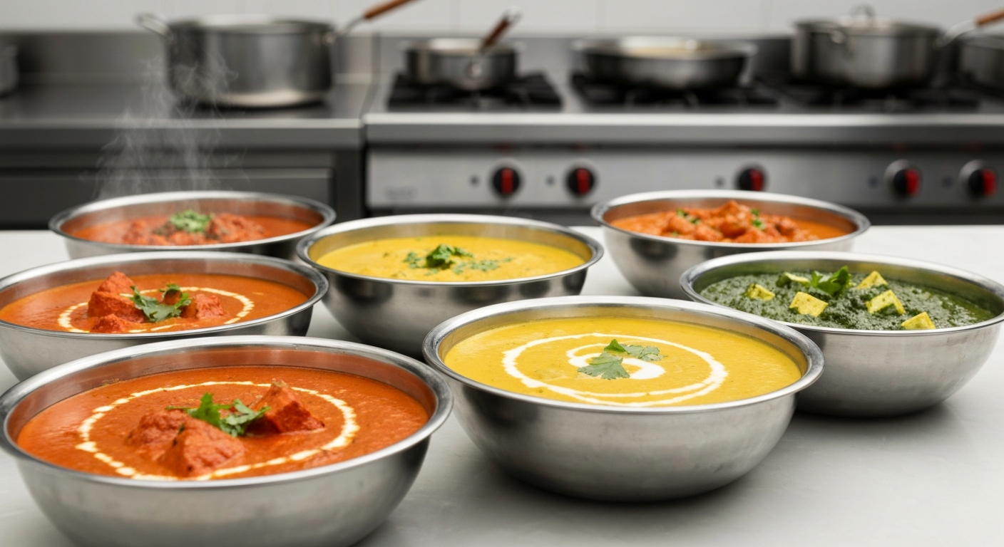 An array of vibrant, freshly cooked Indian curries and gravies in professional stainless steel bowls, ready for service in a modern kitchen setting.