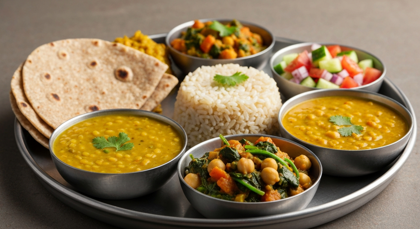 A vibrant and appetizing high-fiber Indian thali featuring a variety of healthy dishes, including lentil dal, a mixed vegetable curry, brown rice, whole-wheat roti, and a fresh salad, artfully arranged on a modern plate.