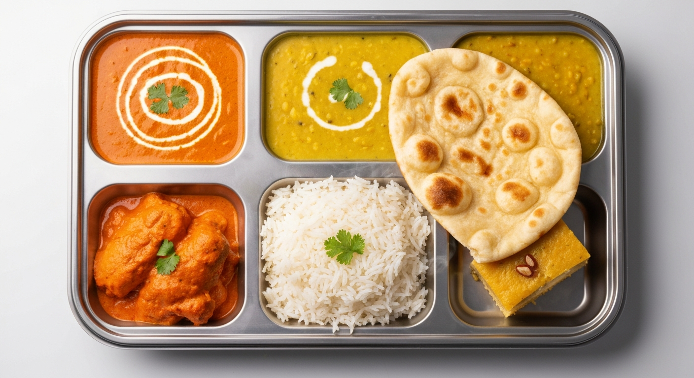 A perfectly plated Indian thali meal, featuring individual compartments with vibrant butter chicken, basmati rice, dal makhani, naan bread, and a small dessert, ready for airline or cruise ship service.