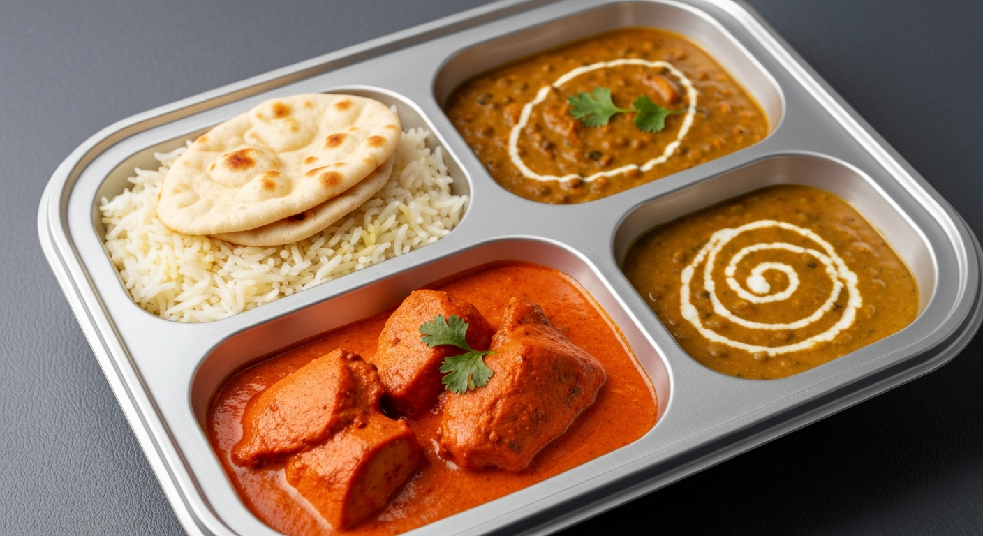 A perfectly portioned Indian butter chicken meal in a compartmentalized airline catering tray, garnished with fresh cilantro.