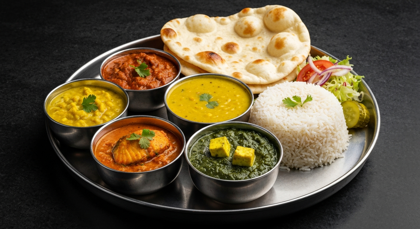 A modern Indian thali showcasing a vibrant array of trending regional dishes, with small bowls of colorful curries, fragrant rice, and fresh naan bread, presented elegantly on a dark stone background, suitable for a professional foodservice setting.