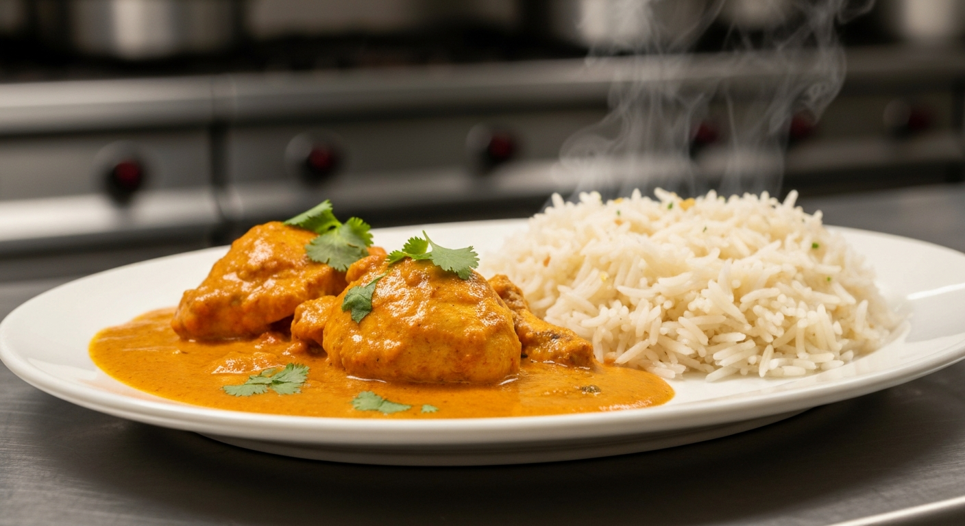 A perfectly plated Chicken Tikka Masala dish, with vibrant orange gravy, tender chicken pieces, and a garnish of fresh cilantro, professionally photographed in a modern kitchen setting.