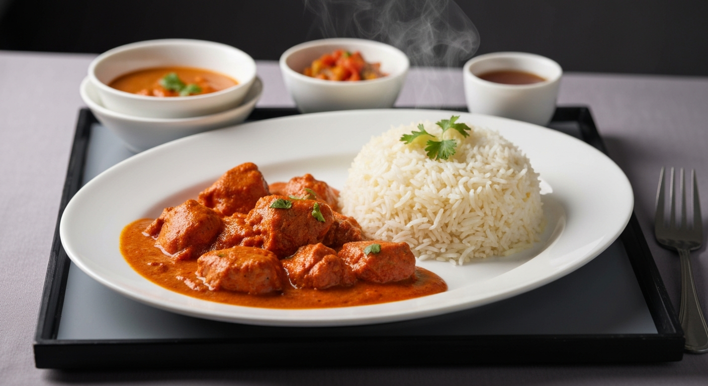 Professionally plated authentic Indian meal, carefully re-thermed, on an airline tray table, showcasing vibrant colors and fresh textures.