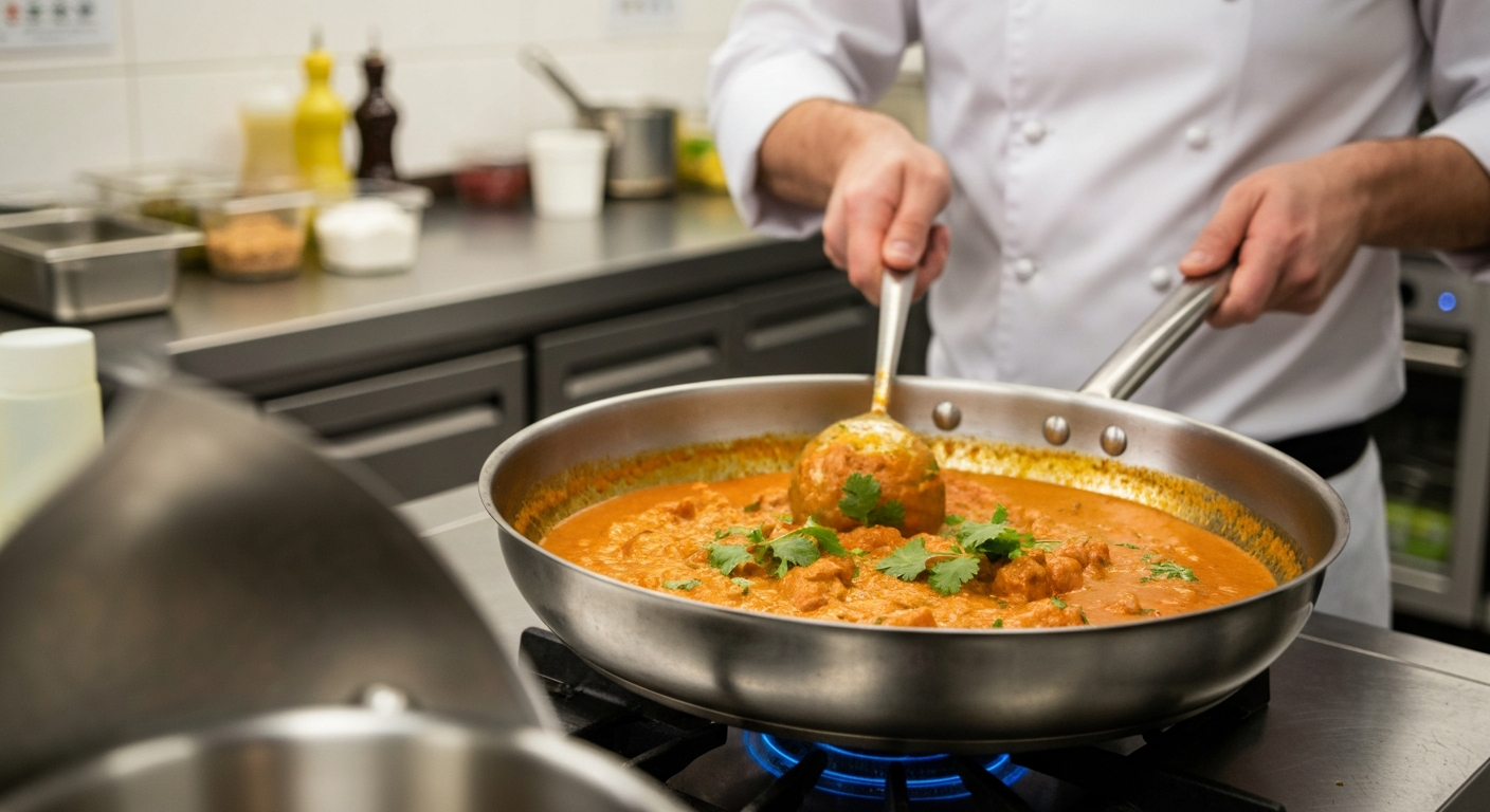 A professional chef preparing a vibrant Indian curry, using a base gravy in a large pan in a clean, modern kitchen.