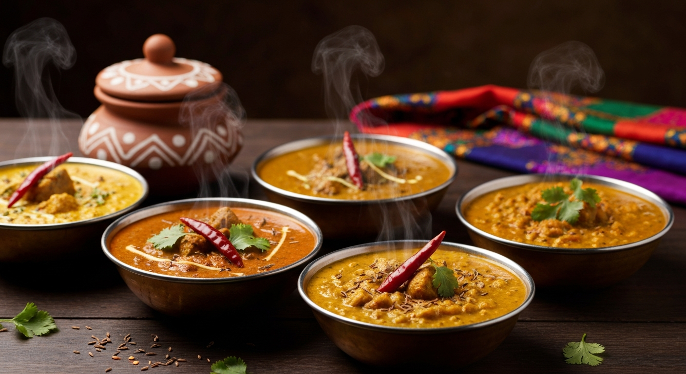 Assortment of vibrant Indian curries in professional serving bowls, showcasing rich textures and colors, ready for delivery from a ghost kitchen.