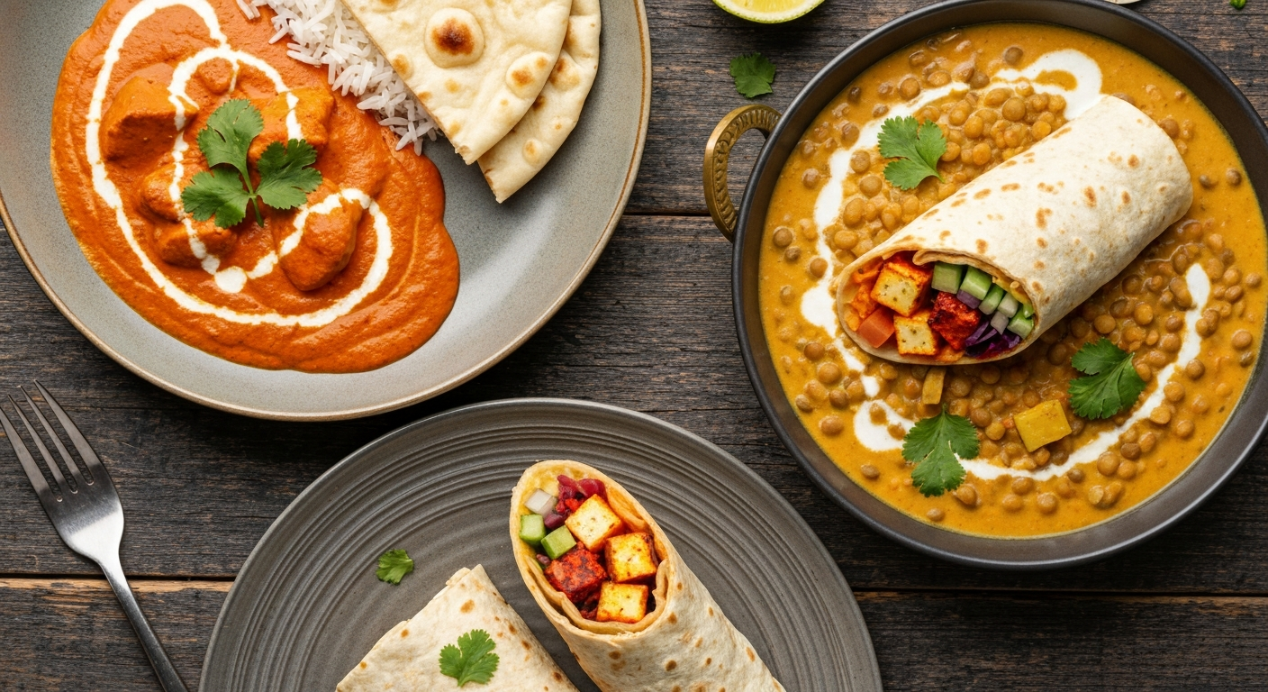 Appetizing collection of Indian LTOs: a vibrant butter chicken bowl, a paneer tikka wrap, and a vegan coconut curry, all beautifully plated on a dark background, showcasing diverse Indian cuisine for multi-brand ghost kitchens.