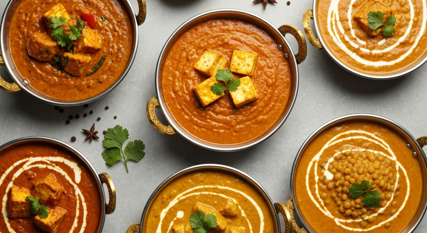 Several vibrant, authentic Indian curries in elegant serving bowls, showcasing different proteins like chicken, paneer, and vegetables, all derived from versatile bases, artfully arranged on a table with fresh herbs and spices.