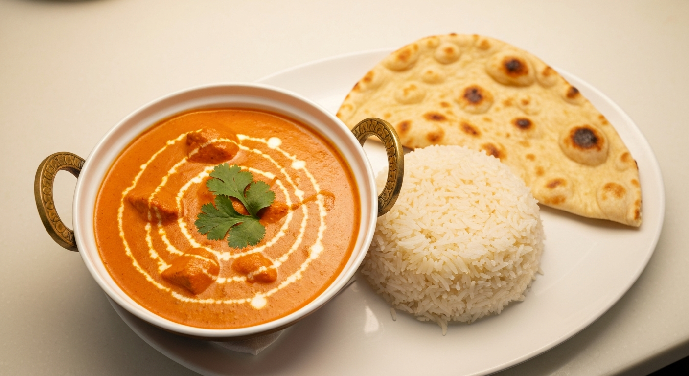 A close-up shot of a vibrant bowl of Butter Chicken, garnished with fresh cream and cilantro, alongside a serving of fluffy basmati rice and warm naan bread, presented on a rustic wooden table in a professional kitchen setting.
