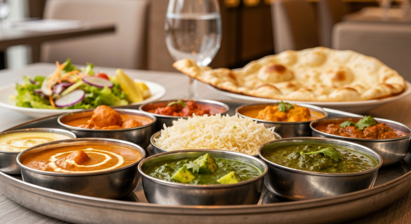 A vibrant, professionally plated Indian thali featuring various curries, basmati rice, and naan bread in an elegant hotel setting.