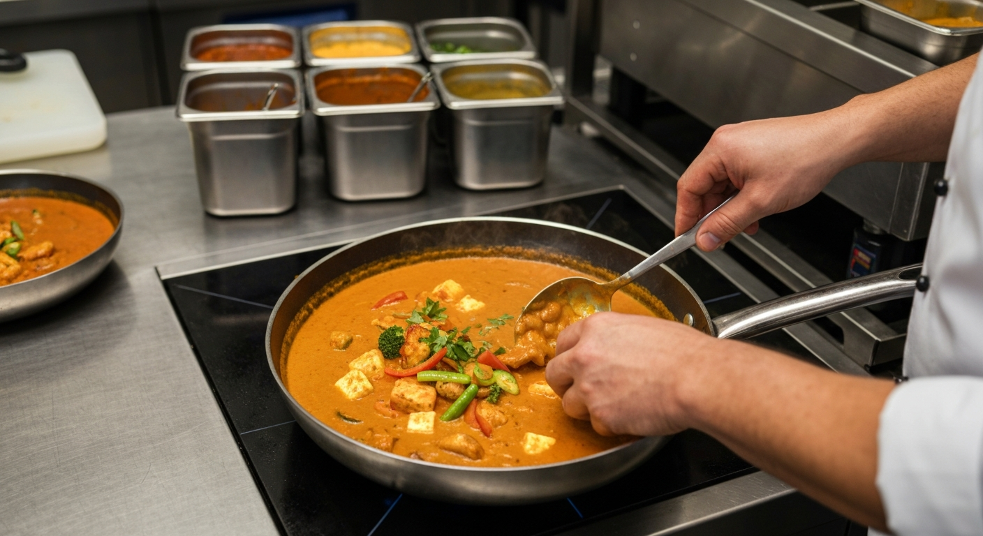 A professional chef assembling a vibrant Indian curry dish in a gleaming stainless steel kitchen, with various fresh ingredients and pre-made gravy containers in the background, emphasizing efficiency and quality.