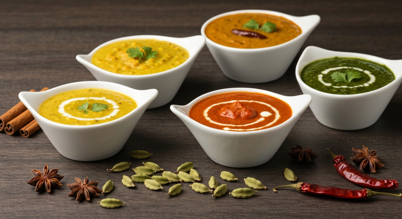Assortment of vibrant Indian gravies and curries in elegant serving bowls, surrounded by whole spices, on a dark wooden table, showcasing rich colors and textures.