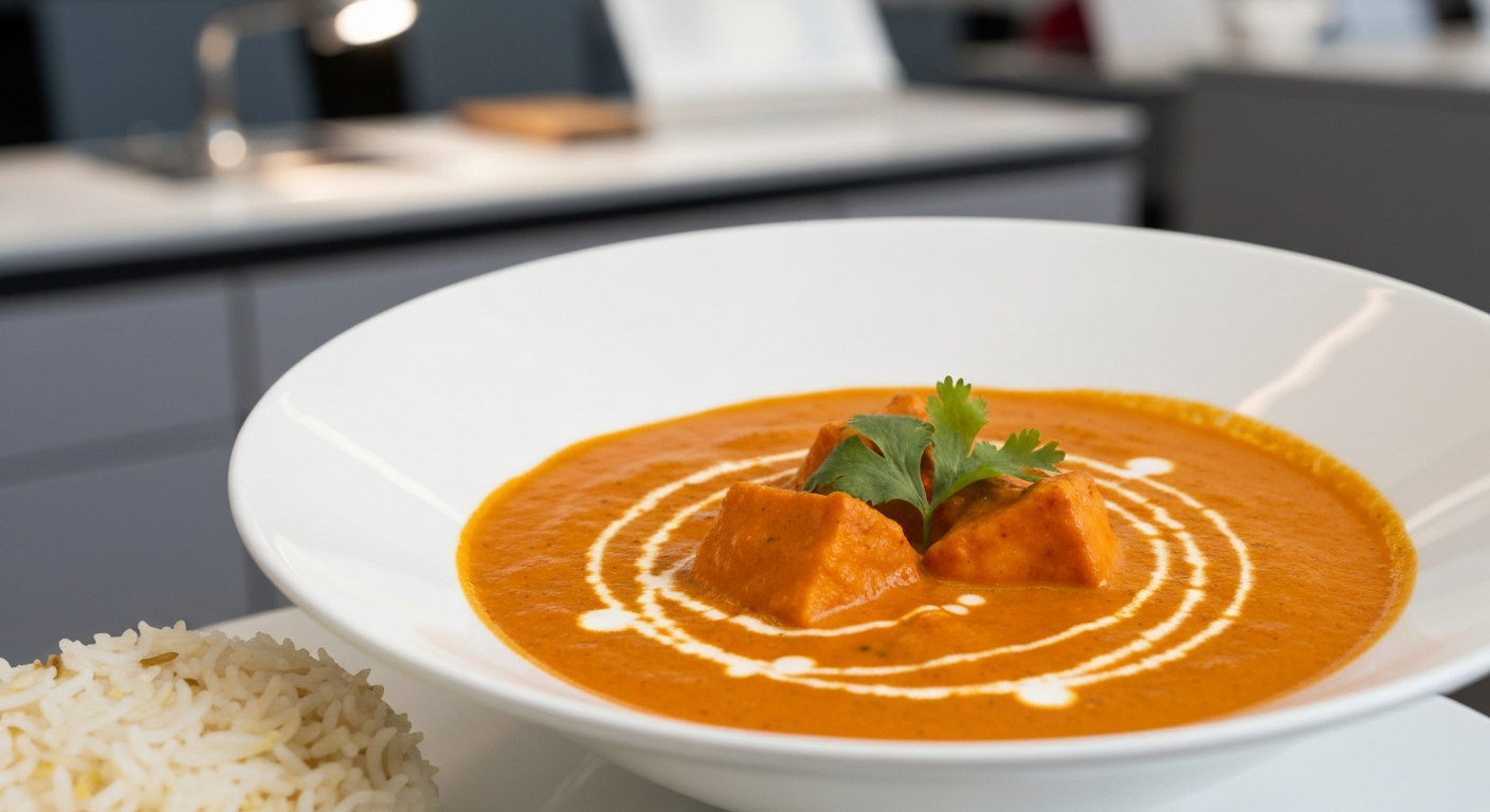 Appetizing professional photo of a vibrant Indian butter chicken or paneer butter masala dish, garnished with fresh cream and cilantro, served in a sleek bowl next to a serving of fluffy basmati rice, ready for rapid service in a high-end airline lounge setting.