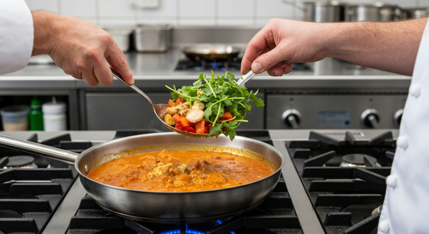 A chef adding fresh ingredients to a pan with a rich, ready-to-use Indian curry base, demonstrating efficient cooking in a professional kitchen with ample counter space.