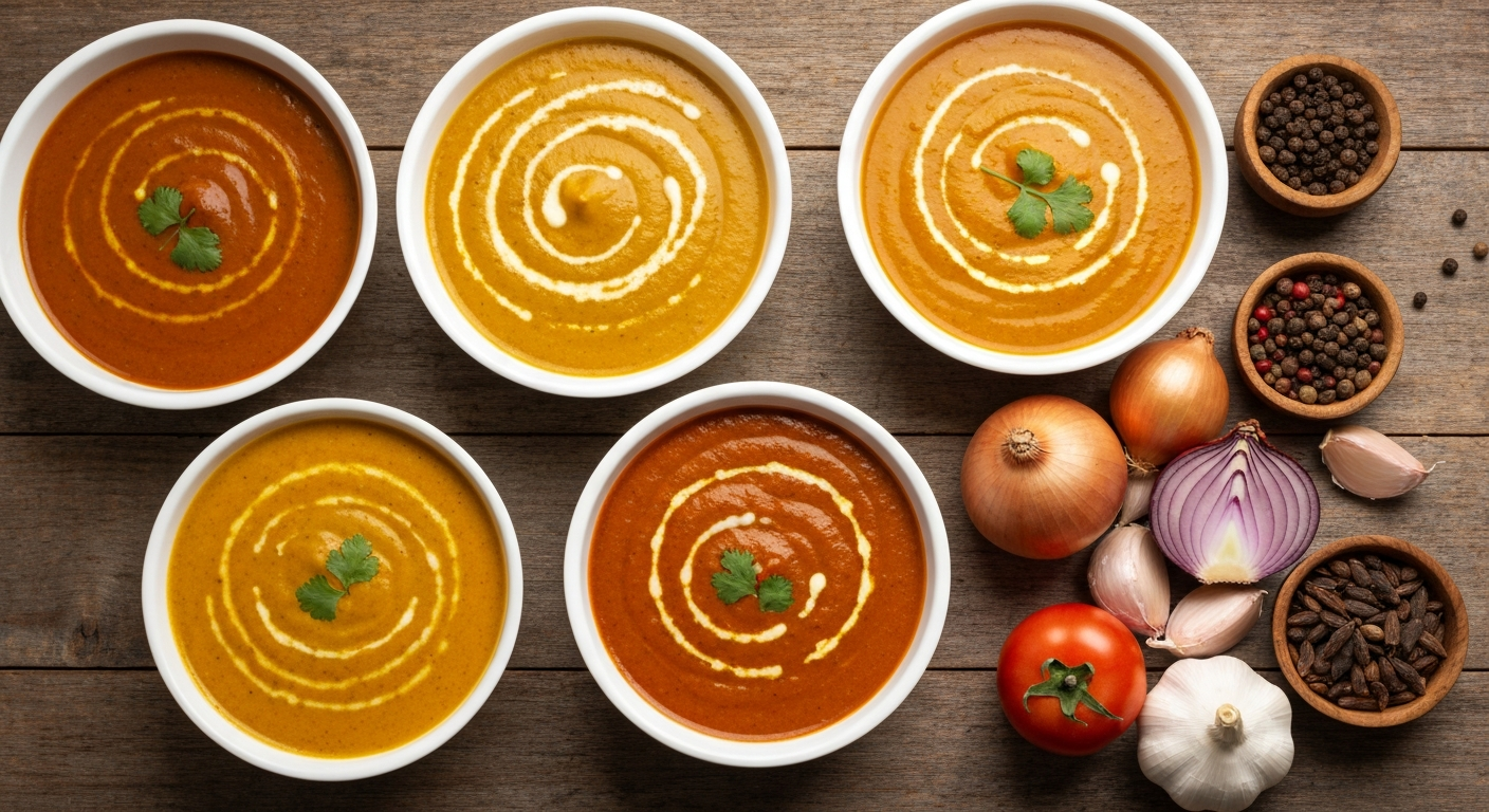 Several vibrant bowls of authentic Indian gravies like Makhani, Korma, and Vindaloo, alongside fresh whole spices and raw ingredients, arranged on a rustic wooden table.