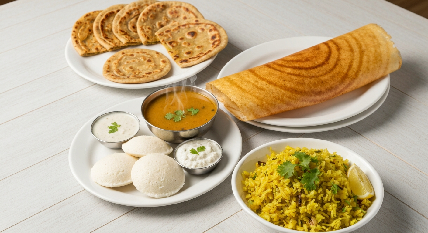 A vibrant and inviting spread of Indian breakfast and brunch dishes, including fluffy idli with sambar and coconut chutney, golden crispy dosa, savory poha, and flaky aloo parathas, professionally arranged on a clean wooden table.