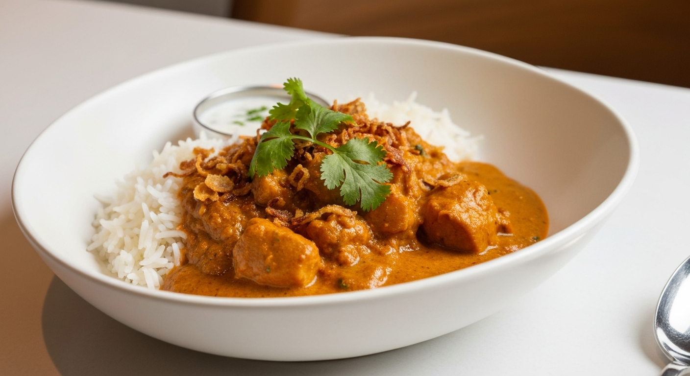 A beautifully presented Indian customizable bowl with basmati rice, chicken tikka masala, fresh cilantro, and a side of raita, ready for a hotel guest.