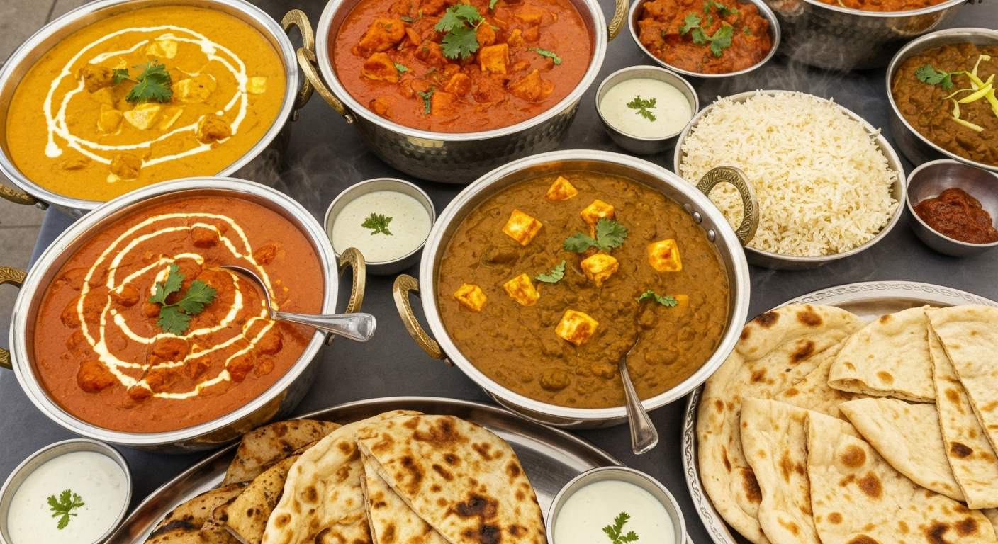 A vibrant spread of Indian catering dishes, including various curries in large serving bowls, fragrant basmati rice, fresh naan bread, and colorful chutneys, all professionally arranged on a buffet table.