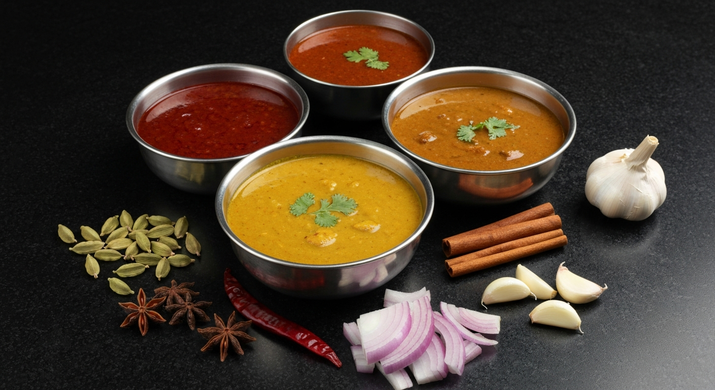 Assortment of vibrant Indian gravies and spices with fresh ingredients on a professional kitchen counter.