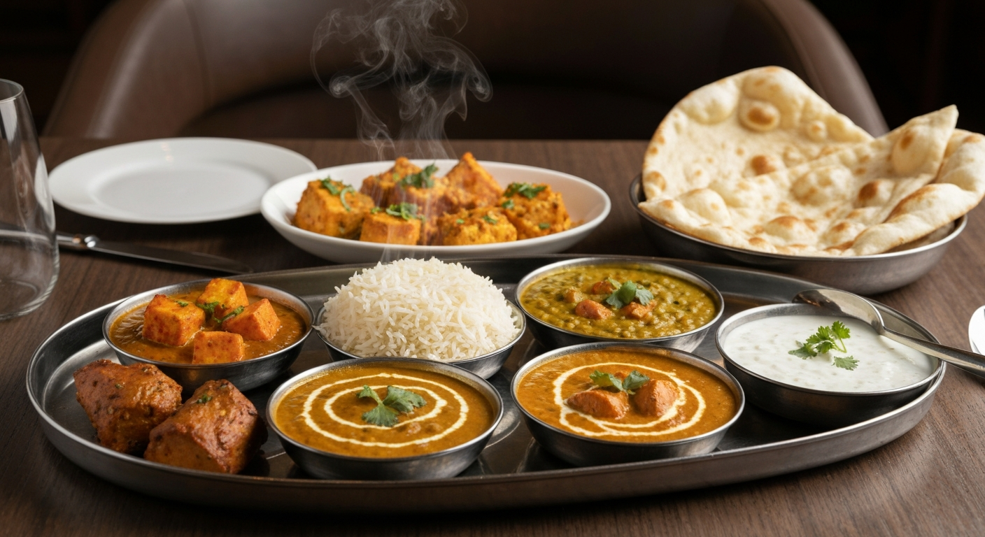 A beautifully plated Indian thali featuring assorted curries, rice, naan, and raita, set on a elegant hotel dining table.