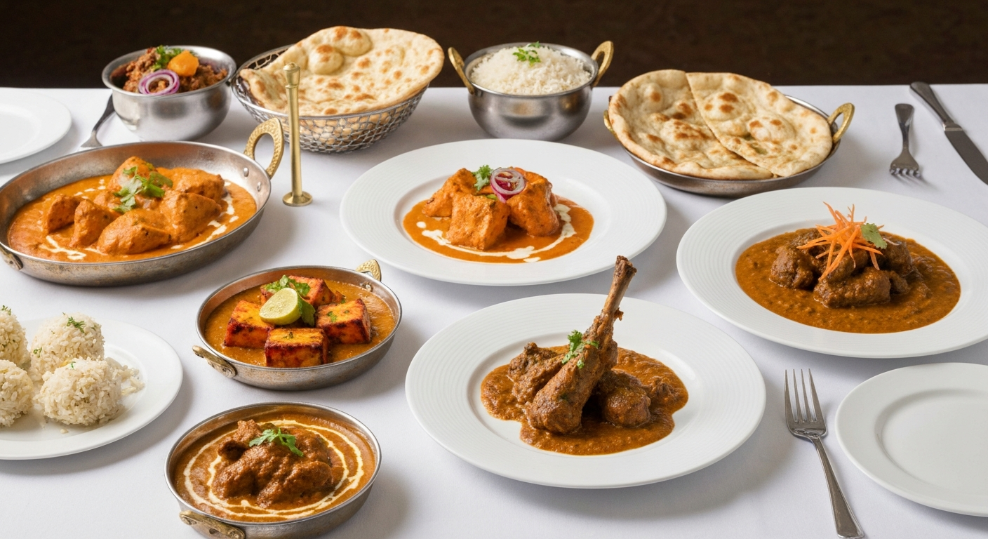Luxurious Indian fine dining spread with elegantly plated curries, aromatic rice, and naan bread, set on a pristine white tablecloth in a sophisticated event setting.