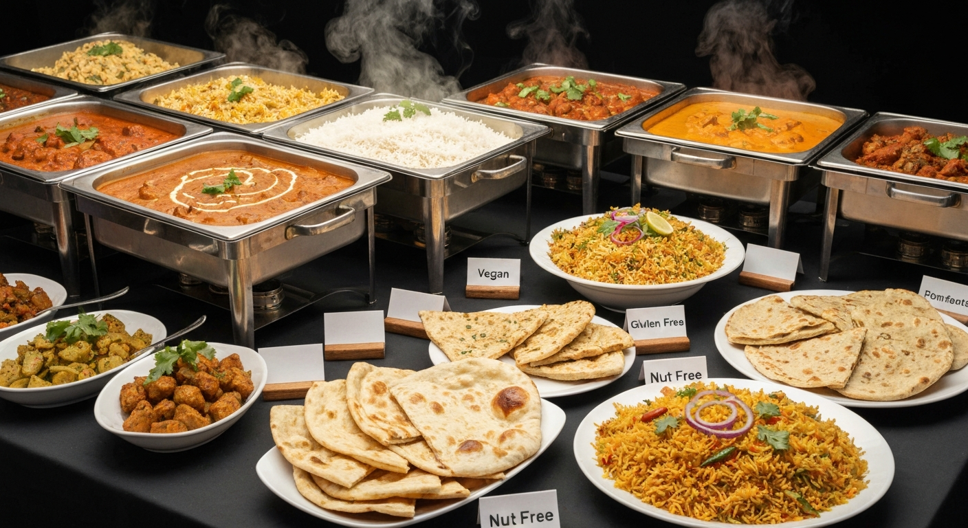 A beautifully arranged Indian catering buffet table with clearly labeled dishes, featuring vibrant curries, biryani, and breads, with some sections designated for vegan and gluten-free options.