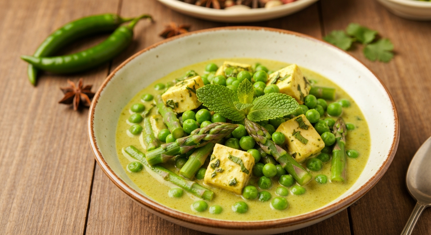Beautifully plated Indian seasonal curry with vibrant green vegetables and paneer, garnished with fresh herbs, served on a rustic wooden table with spices in the background.