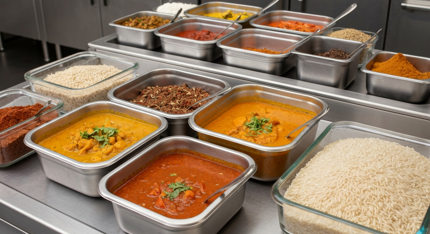 Assortment of vibrant Indian gravies, spices, and rice ingredients in professional kitchen containers, showcasing quality and compliance