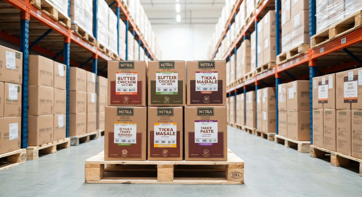 A meticulously organized, brightly lit warehouse aisle with pallets of neatly stacked, branded food supply boxes. In the foreground, a pallet contains boxes clearly labeled with 'AVENOR' and 'Butter Chicken Gravy Base'.