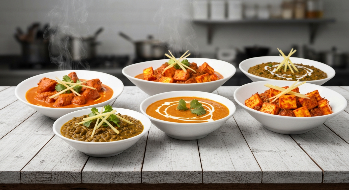 A vibrant array of authentic Indian dishes prepared with various gravies and sauces, beautifully plated in a professional kitchen setting, showcasing rich colors and textures.