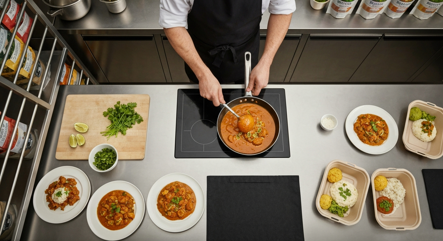 Overhead view of an organized, compact ghost kitchen counter with a chef quickly finishing an Indian curry dish using pre-made gravy, surrounded by a few fresh ingredients and plated food ready for delivery.