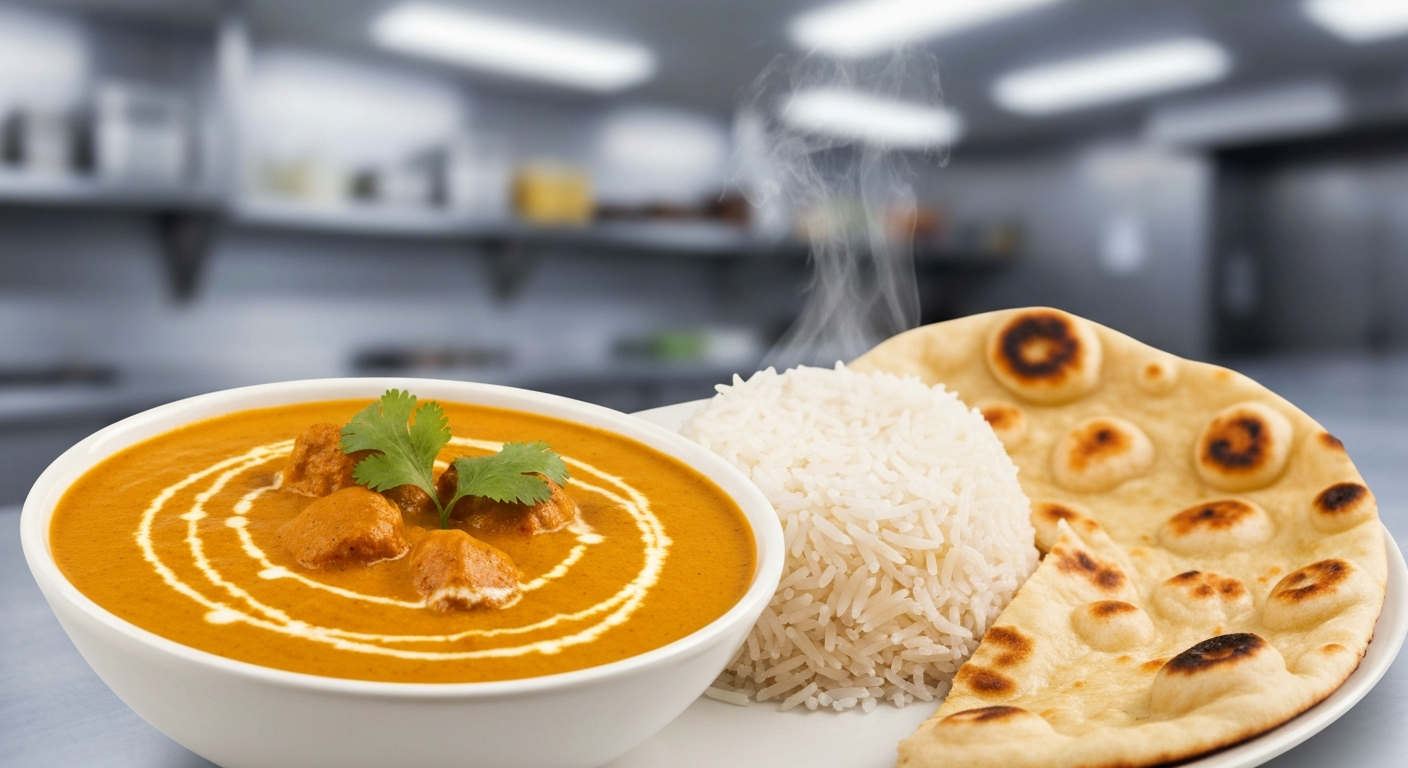 A perfectly plated Butter Chicken with a side of fluffy Basmati rice and fresh naan bread, garnished with cilantro, showcasing vibrant colors in a professional kitchen setting.
